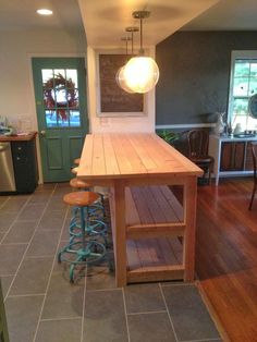 a kitchen island with two stools and a chalkboard on the wall