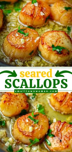 Whip up these pan-seared scallops! This sea scallop recipe is a simple dinner under 30 minutes. Complete with a lemon garlic butter sauce, this is the BEST way to cook scallops! Check out what to serve with them for a quick and easy meal! Lemon Garlic Scallops, Mediterranean Seafood, Scallop Recipe, Lemon Garlic Butter Sauce, Seafood Medley, Pan Seared Scallops, Seafood Entrees