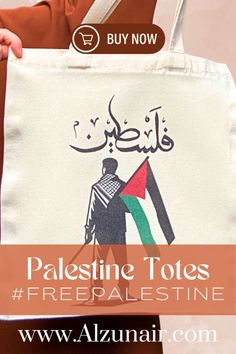 a person holding a bag with an image of a man and woman in arabic on it