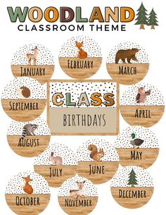 the woodland classroom theme for class birthdays is shown in wood and has animals on it