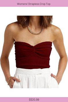 Womens Strapless Crop Top Sexy Sweetheart Neck Ribbed Knit Twisted Knot Front Sleeveless Tank Tops