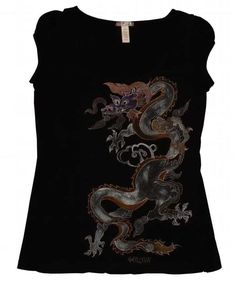 Hand-painted,classic  eastern dragon design tee-shirt *black, cap-sleeve, scoop neck knit top, jr. size m  *One of a kind, hand-painted, hand washable, wearable art. This classical eastern dragon is painted in shades of purple, rust, silver and gold, i love the way different colors of metal look together and i think the silver,gold and bronze metallic paints play off each other equally as well giving this dragon a very elegant look - i wear this type of top with a metallic  sequined jacket, blac Dragon Print Outfit, Dragon Print Clothes, Black Crew Neck T-shirt With Dragon Print, Casual Crew Neck T-shirt With Dragon Print, Crew Neck Cotton Top With Dragon Print, Cotton Crew Neck Top With Dragon Print, Black Cotton Tops With Dragon Print, Black Cotton Top With Dragon Print, Cotton Short Sleeve Tops With Dragon Print