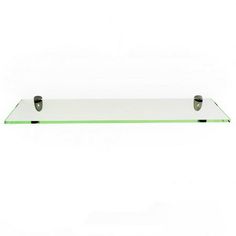 a glass shelf with two metal handles on it's sides, against a white background