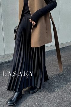 Lasaky - Elegant Pleated Silk Maxi Dress Pleated Long Skirt Outfit Classy, Pleated Long Skirt Outfit, Long Black Pleated Skirt, Black Silk Skirt Outfit, Maxi Skirt Silk, Silk Skirt Outfit, Black Silk Skirt, Skirt Silk, Velvet Dress Long