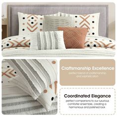 the bedding is made up with different patterns and colors