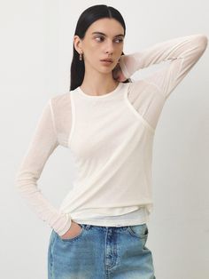 Composition : Outshell: Tencel 70%, Wool 30%Color : LIGHT BEIGE_ONE SIZECountry of Origin : KOREA White Knit Top For Spring Layering, Fine Knit Tops For Spring Layering, White Crew Neck Knit Top For Layering, White Fitted Long Sleeve Crew Neck Top, White Crew Neck Long Sleeve Top For Layering, Spring Fine Knit Stretch T-shirt, White Fine Knit Tops For Summer, White Fine Knit Top For Summer, Fitted Fine Knit T-shirt For Spring