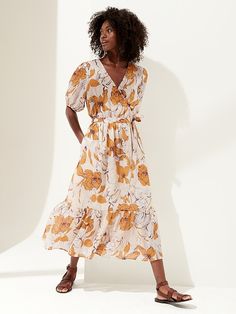 Ramie Wrap Dress | Banana Republic Chic Linen Floral Print Dress, Summer Floral Linen Maxi Dress, Summer Linen Maxi Dress With Floral Print, Summer Linen Midi Dress With Floral Print, Chic Flowy Midi-length Linen Dress, Chic Flowy Linen Midi Dress, Spring Breezy Midi Dress With Flowy Skirt, Airy Spring Vacation Dresses, Beige Flowy Maxi Dress For Spring