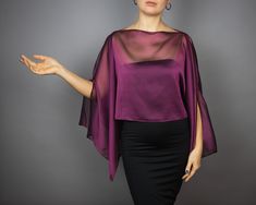 A very elegant chiffon shrug capelet for your wedding party or evening dress. Made of luxury light chiffon. Color: grape color / purple (other colors are available)  Size: unique (fits all), but if you have any doubts, please contact me WE have matching bags in our Etsy Shop! WE accept credit cards! Elegant Party Capelet, Chic Capelet For Party, Elegant Capelet For Party, Elegant Fitted Capelet For Evening, Elegant Fitted Capelet, Elegant Evening Capelet With Cape Sleeves, Elegant Party Cape With Cape Sleeves, Elegant Evening Capelet, Elegant Silk Cape For Formal Occasions