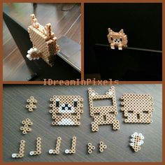 several pictures of different items made out of perler beads, including an origami cat