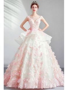 Fitted A-line Gown With Ruffles, Fitted Pink Gown With Ruffles, Pink Fitted Gown With Ruffles, Spring Pink Ball Gown With Ruffles, Spring A-line Gown With Ruffles, Spring Debutante Ball Gown With Ruffles, Fitted Spring Ball Gown With Ruffles, Spring Sleeveless Ball Gown With Ruffles, Spring Ball Gown With Sweep Train