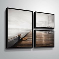 two pictures hanging on the wall next to each other, one with a boat in it