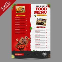 a menu for a restaurant with food items on the front and back cover, in red