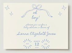 a white card with blue ink on it and stars in the sky, says oh boy