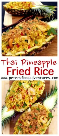 thai fried rice with pineapples on the side and another image showing it in three different ways