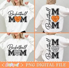 four photos of a woman wearing a sweatshirt with the words basketball mom on it and an orange heart