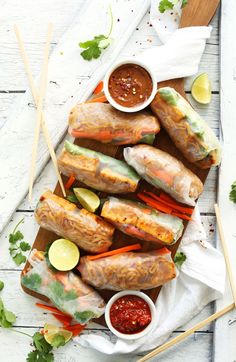 vietnamese spring rolls with dipping sauces on the side