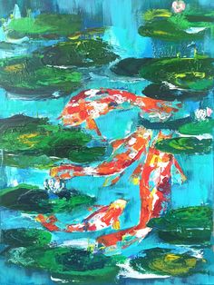 a painting of two koi fish swimming in lily pads