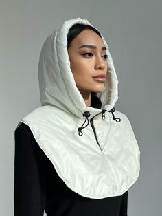 Waterproof hooded scarf, Rainproof hooded cowl, Hooded snood women, White hood cowl, Trending Now, Outdoors gift Removable women's hood with insulation - a hit of the fall-winter 2022-2023 season! Fabric: quilted raincoat on silicone Insulation - silicone (200 g/m2) Composition: 100% polyester Color: black, white, khaki Size: UNI (Universal) The removable hood is made of jacket fabric with silicone insulation. The hood on silicone - protects the head from wind, cold, and rain, keeping warmth and