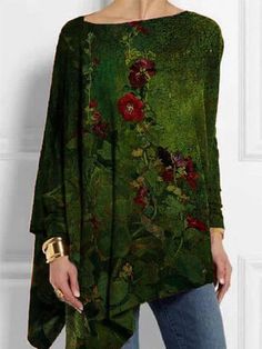 Women Casual Irregular Crew Neck Floral-print Long Sleeve Top Tunics Online, Tunic Tops Casual, Womens Tunics, Shop Blouses, Pullover Sweatshirts, Long Sleeve Casual, Style Retro, Fashion Prints, Long Sleeve Top