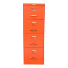 an orange filing cabinet with four drawers