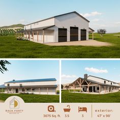 two pictures of a barn with an extra garage on each side and another photo of the same building