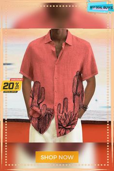 Men's Linen Shirt Summer Shirt Beach Shirt Turndown Summer Short Sleeve White Pink Blue Cactus Casual Daily Clothing Apparel Print Vacation Printed Tops With Casual Collar, Casual Camp Collar Tops For Beach Season, Casual Summer Tops With Plant Print, Casual Hawaiian Shirt With Casual Collar For Vacation, Relaxed Fit Short Sleeve Shirt With Plant Print, Casual Printed Outdoor Tops, Casual Long Sleeve Hawaiian Shirt, Casual Short Sleeve Shirt With Plant Print, Casual Printed Tops With Camp Collar