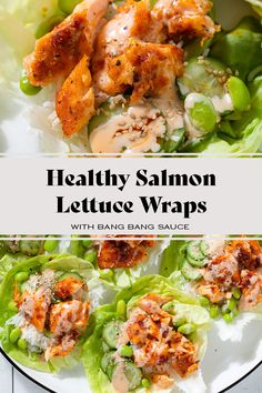 These Salmon Lettuce Wraps are the perfect lunch or light dinner for any salmon lover! Butter lettuce boats instead of tortillas or bread stuffed with fluffy rice, cucumber salad, edamame beans, and roasted salmon drizzled with delicious sweet and spicy bang bang sauce. These mini lettuce wraps are the perfect dinner for when you're trying to avoid bread or just want to make something lighter and healthier in the spring and summer. Salmon Lettuce Cups, Salmon Lettuce Boats, Lettuce Boat Recipes, Salmon Pesto Pasta, Pescatarian Dishes, Pesto Tortellini Salad, Salmon Pesto