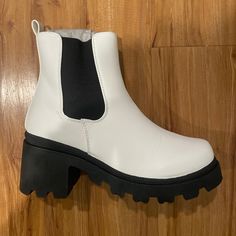 Elastic Band Bootie With Chunky Sole In Black White Synthetic Boots With Round Toe, White Synthetic Ankle-high Boots, White Synthetic Boots With Flat Heel, White Synthetic Flat Heel Boots, White Ankle-high Boots With Cushioned Footbed, White Boots With Padded Ankle And Round Toe, Casual White Faux Leather Boots, Wild Diva Shoes, Elastic Band