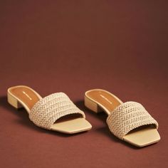 Size: Us 8-8.5/Eu 39 Mule Slide Sandals Beige Low Heel Sandals For Beach, Beige Low Heel Sandals For Summer, Spring Sandals With Stacked Heel In Natural Color, Beige Synthetic Sandals With Low Heel, Beige Low Heel Synthetic Sandals, Natural Sandals With Stacked Heel For Spring, Summer Low Heel Medium Width Mules, Chic Beige Heels For Summer Outings, Beige Sandals With Stacked Low Heel