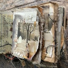 Wanda Hela Katz | A much closer detailed look at these tiny 2” x 2” grunge gems… Long lost relics from a forgotten land…. . . #junkjournal #bookart #collage… | Instagram Nellie Wortman, Book Collage, Book Sculpture, Artist Sketchbook, Fabric Journals, Portfolio Layout, Vintage Junk Journal