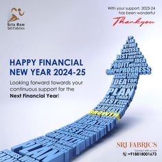 an advertisement for the financial new year 2012 - 25, with a blue arrow made out of blocks