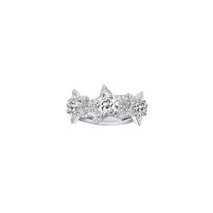 three stone diamond ring in white gold with diamonds on the band and side stones at each end