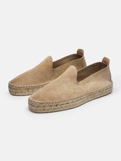 Summer Suede Slip-on Espadrilles, Suede Slip-on Espadrilles With Stitched Sole, Suede Slip-on Espadrilles With Textured Sole, Suede Slip-on Espadrilles With Leather Sole, Slip-on Suede Espadrilles With Stitched Sole, Beige Slip-on Espadrilles With Textured Sole, Suede Slip-on Espadrilles With Woven Sole, Suede Espadrilles With Woven Sole And Slip-on Fit, Slip-on Suede Espadrilles With Woven Sole