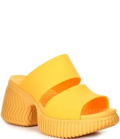 Synthetic Open Heel Heels With Rubber Sole, Yellow Eva Sandals With Round Toe, Open Heel Synthetic Wedge Sandals With Rubber Sole, Synthetic Wedge Sandals With Open Heel And Rubber Sole, Yellow Eva Sandals For Spring, Spring Block Heel Sandals With Rubber Sole, Modern Yellow Sandals With Open Heel, Synthetic Slide Sandals With Textured Sole, Synthetic Platform Slide Sport Sandals