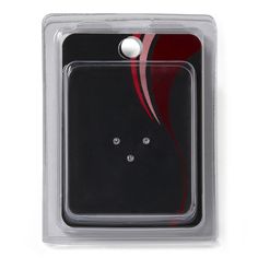 the back of a black and red case with two white buttons in it's package