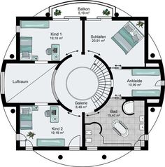 a floor plan for a round house with spiral stairs