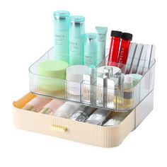 the container is filled with cosmetics and beauty products