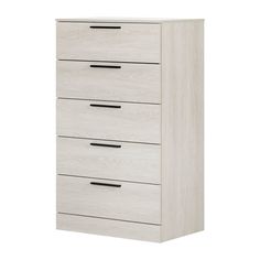 a white dresser with four drawers and black handles