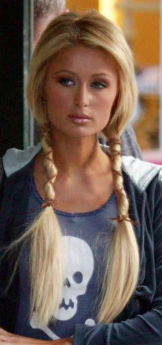 biker hair | Great idea for motorcycle hair ladies...Braids | Low Pigtails More Pig Tales Hairstyle For Women, Low Pigtail Hairstyles, Paris Hilton Hair, Low Pigtails, Braids Blonde, Faux Braids