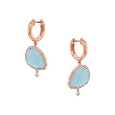 Diamond & Milky Aqua Drop Huggie Pierced Earrings 14K Rose Gold 1.12" Long X 0.55" Wide 14k Rose Gold Earrings For Formal Occasions, 14k Rose Gold Fine Jewelry Earrings For Formal Occasions, Formal 14k Rose Gold Fine Earrings, Luxury Rose Gold Teardrop Earrings, Luxury 14k Rose Gold Earrings, Aqua Earrings, Diamond Bar Necklace, Open Heart Necklace, Emerald Bracelet