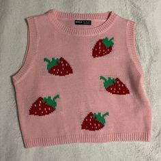 Strawberry Sweater Vest Never Worn, Perfect Condition Fitted Pink Sweater Vest For Fall, Pink Fitted Casual Sweater Vest, Casual Pink Sweater Vest For Fall, Fitted Pink Sweater Vest, Casual Style, Fitted Pink Casual Sweater Vest, Casual Fitted Pink Sweater Vest, Casual Pink Winter Sweater Vest, Casual Pink Sweater Vest For Winter, Pink Crew Neck Vest For Spring