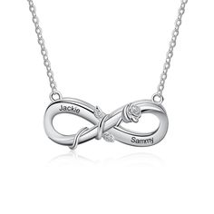 Infinity Flower Necklace with 2 Names engrave DETAILS Material: Stainless Steel Weight: 4.6 g Pendant Measure: 13mm x 30mm Chain Length 40 + 2.5 +2.5 cm Everlasting gift for her, Birthdays, Anniversary, Mother's Day, Wedding Day, Best friends You name it. HOW TO ORDER Place your personalized name above. Name 1  Name 2  Example 1- Mike  2- Meagan Please reach out to me if you have any questions. Silver Engraved Infinity Necklace, Elegant Laser Engraved Necklaces For Anniversary, Personalized Infinity Engraved Jewelry, Engraved Infinity Necklaces For Gifts, Elegant Laser-engraved Necklace For Anniversary, Elegant Laser Engraved Necklace For Anniversary, Elegant Laser Engraved Necklaces For Mother's Day, Elegant Laser Engraved Jewelry For Anniversary, Infinity Engraved Necklaces For Anniversary