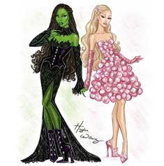 two barbie dolls are dressed up as witches and one is wearing a dress made out of pearls