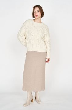 handknit cortina cable pullover in cream – MIRTH Chic Chunky Knit Relaxed Sweater, Chic Chunky Knit Sweater With Relaxed Fit, Chic Cashmere Chunky Knit Sweater, Chic Chunky Knit Cashmere Sweater, Fall Cable Knit Sweater Dress, Cream Textured Knit Cashmere Sweater, Cream Textured Cashmere Sweater, Chic Cashmere Cropped Sweater For Winter, Chic Winter Cashmere Cropped Sweater