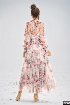 Fisdy - Classic Elegance: Winona Mesh Midi Dress with Print Design Long Sleeve Chiffon Midi Dress For Garden Party, Elegant Long Sleeve Pink Floral Dress, Elegant Long Sleeve Floral Wedding Dress, Long Sleeve Floral Print Maxi Dress For Wedding, Long Sleeve Floral Print Midi Dress For Wedding, Elegant Long Sleeve Floral Dress For Party, Mesh Midi Dress, Lace Mini Dress, Classic Elegance