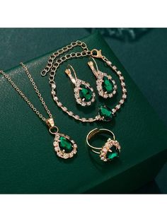 5pcs Elegant Emerald Green Ladies Necklace, Earrings, And Ring Set Fashion Women Accessories Green    Zinc Alloy     Women Fashion Jewelry, size features are:Bust: ,Length: ,Sleeve Length: Gold And Emerald Jewelry Set, Slytherin Inspired Jewelry, Gold Jewelry With Green Dress, Dark Green Jewelry Aesthetic, Emerald Jewellery Set, 1840s Jewelry, Gold And Emerald Jewelry, Emerald Gold Jewelry, Emerald Accessories