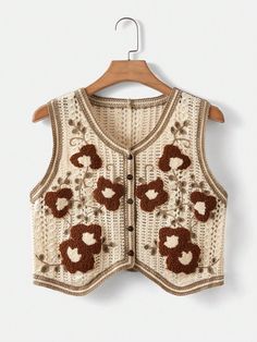 Women's Floral Pattern Button Front Sweater Vest Brown Casual   Knitwear Floral  Slight Stretch  Women Clothing, size features are:Bust: ,Length: ,Sleeve Length: Sweater Vest Gucci, Womens Button Sweater Vest, Cheap Retro Sweater Vest For Women, Crochet Vest Women Pattern, Casual Crochet Vest, Sleeveless Sweater Vest Crochet, Cheap Women's Sweater Vest For Spring, Crochet Vest Sweaters & Cardigans, Stawberry Vest