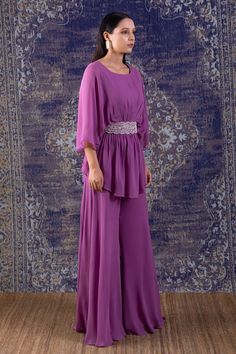 Lilac peplum top with white pearl and dabka hand embroidery on the waist. Paired with a sharara. - Aza Fashions Top Sharara Set, Top And Sharara Set, Purple Pearl, Sharara Set, Set For Women, White Pearl, Aza Fashion, Fashion Set, Three Quarter