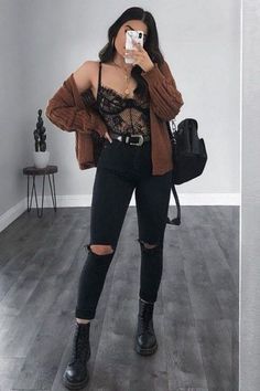 83e8ef518174e1eb6be4a0778d050c9ddesc46606683ri Mode Edgy, Lace Bodysuit Outfit, Look Grunge, Black Lace Bodysuit, Body Suit Outfits, Lingerie Outfits, Looks Chic, Outfit Inspo Fall, Edgy Outfits