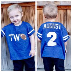 This is a custom first birthday football shirt for your baseball fan! This shirt is made to order we can customize the numbers and your child's name! The royal blue is the shirt pictured. Please add age and name (in all lowercase letters) to comments to seller when checking out Please note the navy (denim) color is not a true navy and can look almost dark grey in some lighting. **Please check shop announcement for current production times! Old Football, Birthday Football, 2nd Birthday Shirt, Football Birthday Party, Toddler Boy Gifts, Football Birthday, Birthday Boy Shirts, Boys Graphic Tee, Denim Color